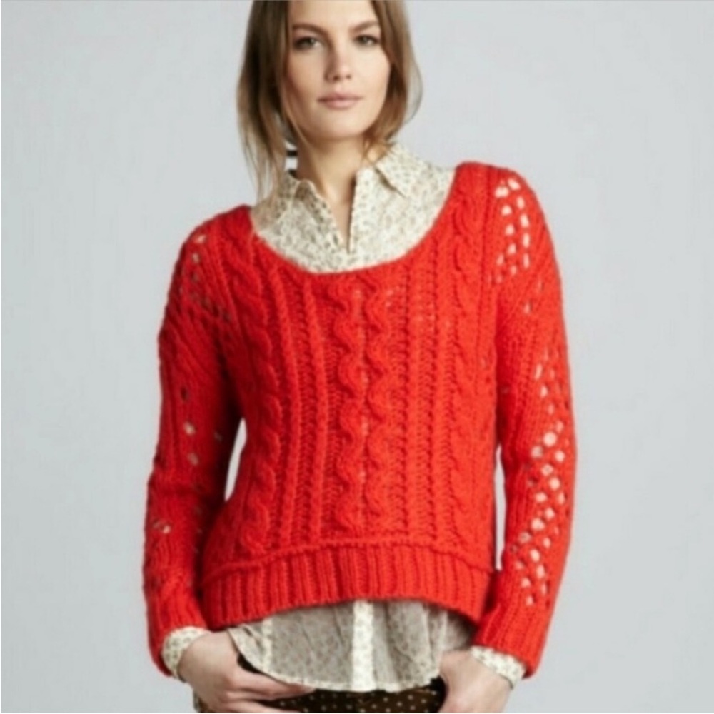 Free People Red Crew Neck Cable Knit Sweater Small